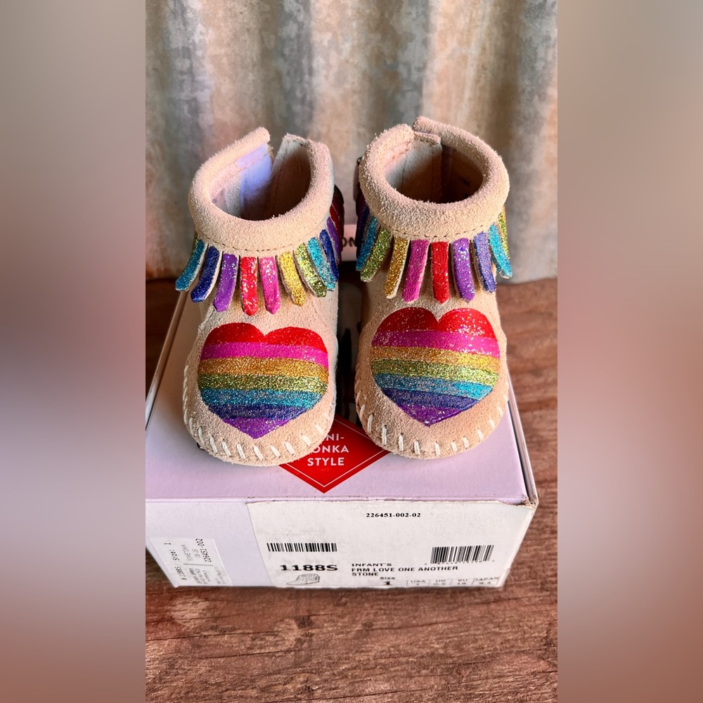 Minnetonka  "Love One Another" Rainbow Moccasin Booties